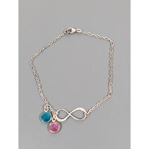 Sterling Silver 925 Infinity Chain Pink Blue Crystal Bezel Charm Bracelet 7 in